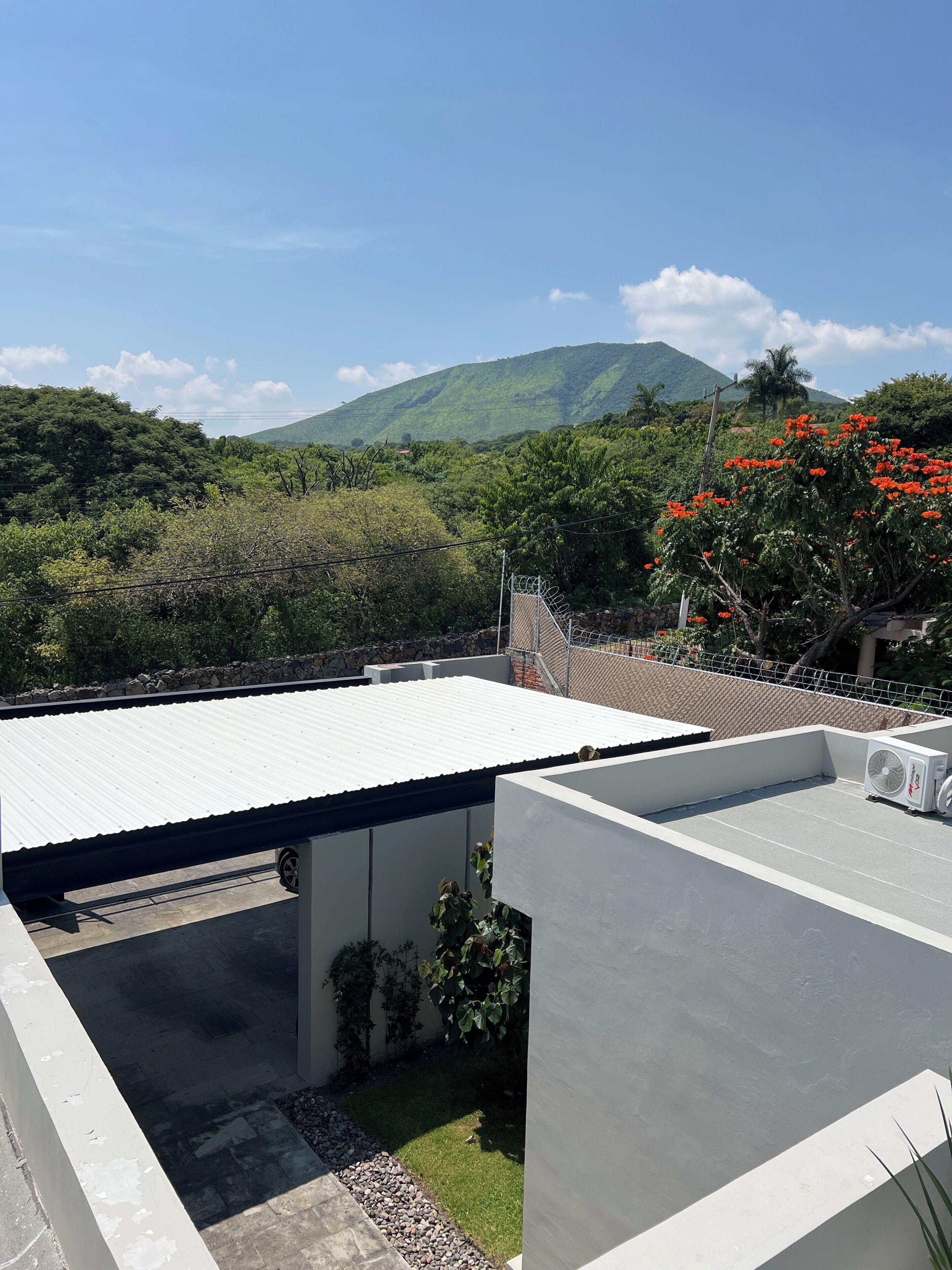 A rooftop with a metal roof, a white wall, and a small garden area with plants and a gravel path.