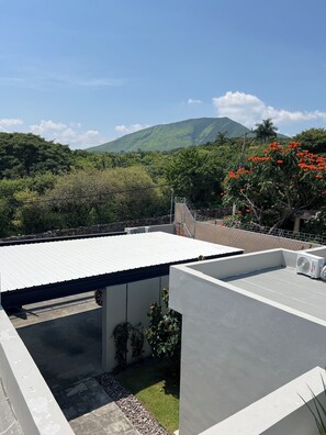 A rooftop with a metal roof, a white wall, and a small garden area with plants and a gravel path.