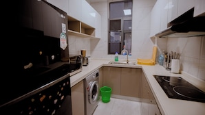 Una cocina compacta con lavadora, lavamanos y estufa.