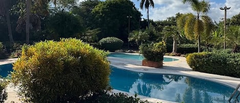 A pool surrounded by lush greenery and palm trees under a clear sky.