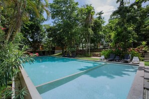 Ein Pool, umgeben von üppiger Vegetation und einigen Liegestühlen.