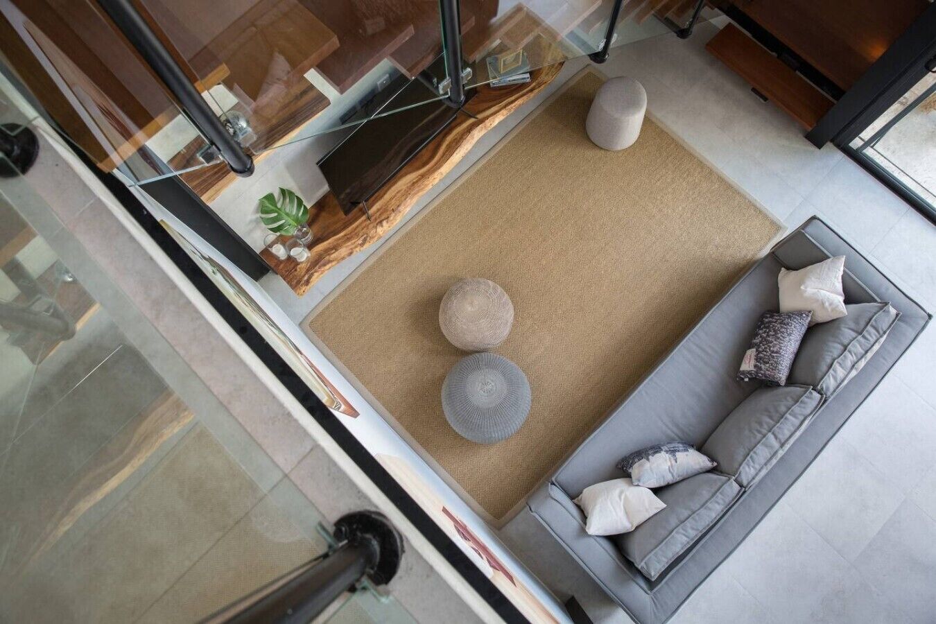 A modern living area with a grey sofa, two round cushions, and a small plant on a textured rug.