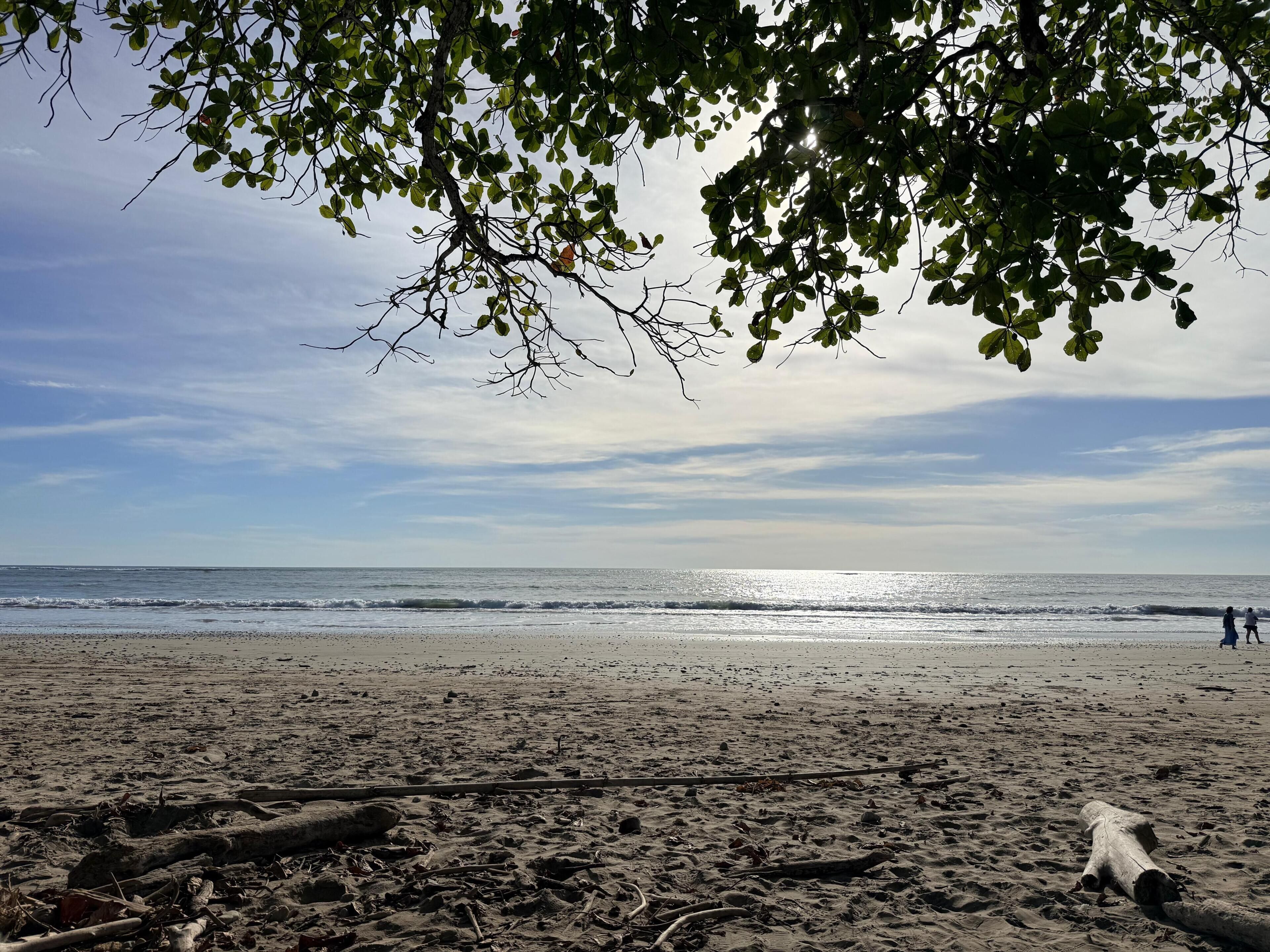 Una playa con cielo despejado, mar tranquilo y restos dispersos.