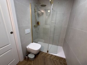Ein modernes Badezimmer mit einer begehbaren Glasdusche, einer weißen Toilette und einer kleinen Mülltonne.