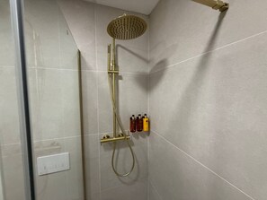 A shower with a gold showerhead and a handheld shower attachment. - La Casona de les Arts 2 - Oceanográfic (València)