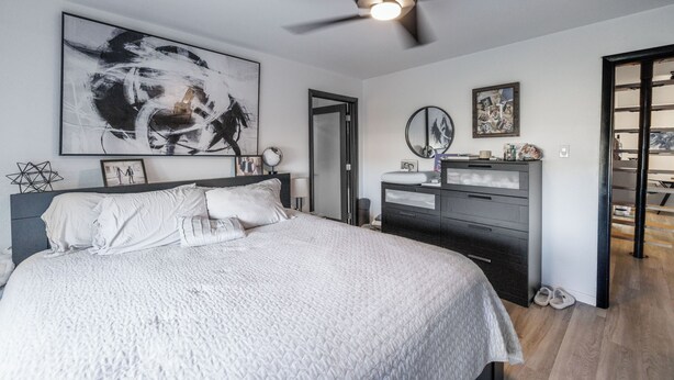 A bedroom with a bed, a ceiling fan, a dresser, a mirror, and artwork on the walls.