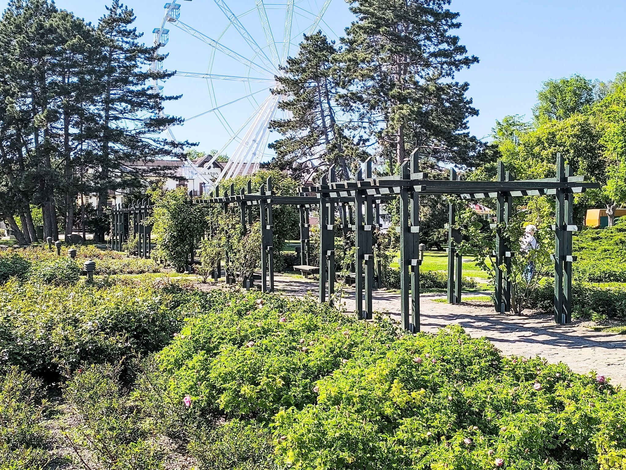 Een park met een reuzenrad op de achtergrond, houten constructies en verzorgde begroeiing.