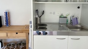 Une petite cuisine équipée comprenant un évier, une cuisinière et des étagères de rangement.