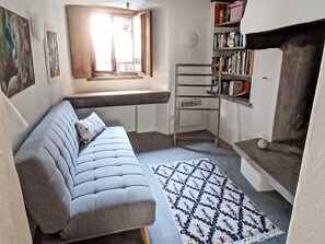 Un espace de vie compact comprenant un canapé, un tapis à motifs, une fenêtre et une bibliothèque.
