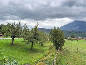 Paisaje rural con manzanos, una cerca de madera y una montaña al fondo.