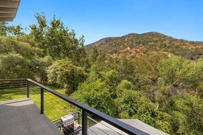 Ein Balkon mit Blick auf einen bewaldeten Hügel und einem Grill.