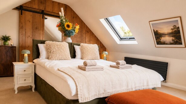 Una camera da letto con soffitto spiovente, un lucernario, un letto con piumone bianco e cuscini soffici, un comodino con lampada e un quadro incorniciato appeso al muro.