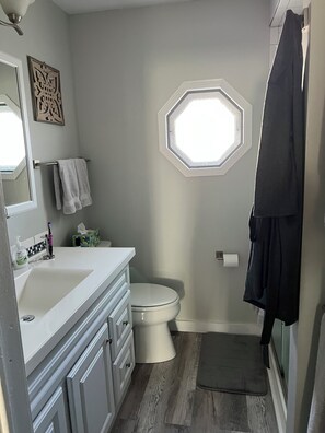 A bathroom with a white sink, a toilet, a window, and a shower curtain. - Cozy 2-bedroom cottage - St Clair River access in beautiful Algonac with AC (Algonac)