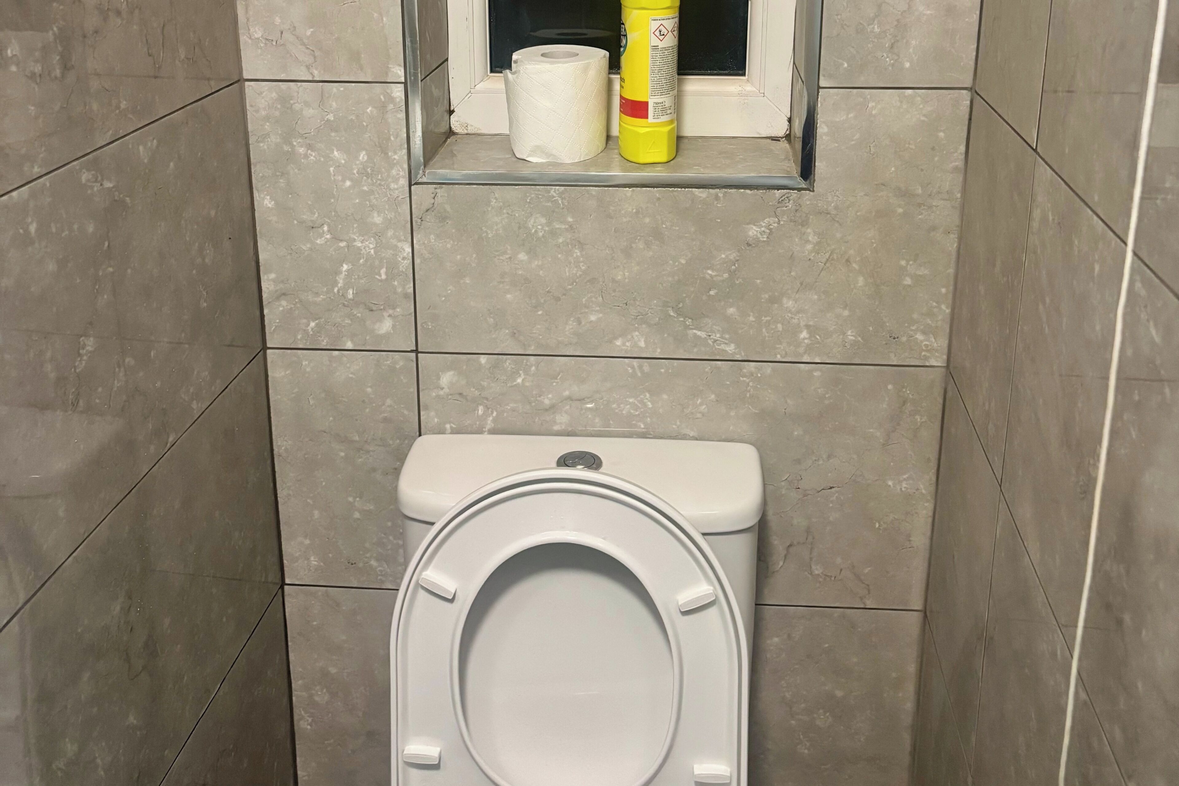 Eine Toilette mit weißem Sitz und Deckel, einer Toilettenpapierrolle und einer gelben Flasche Reinigungsmittel auf einem Regal darüber.