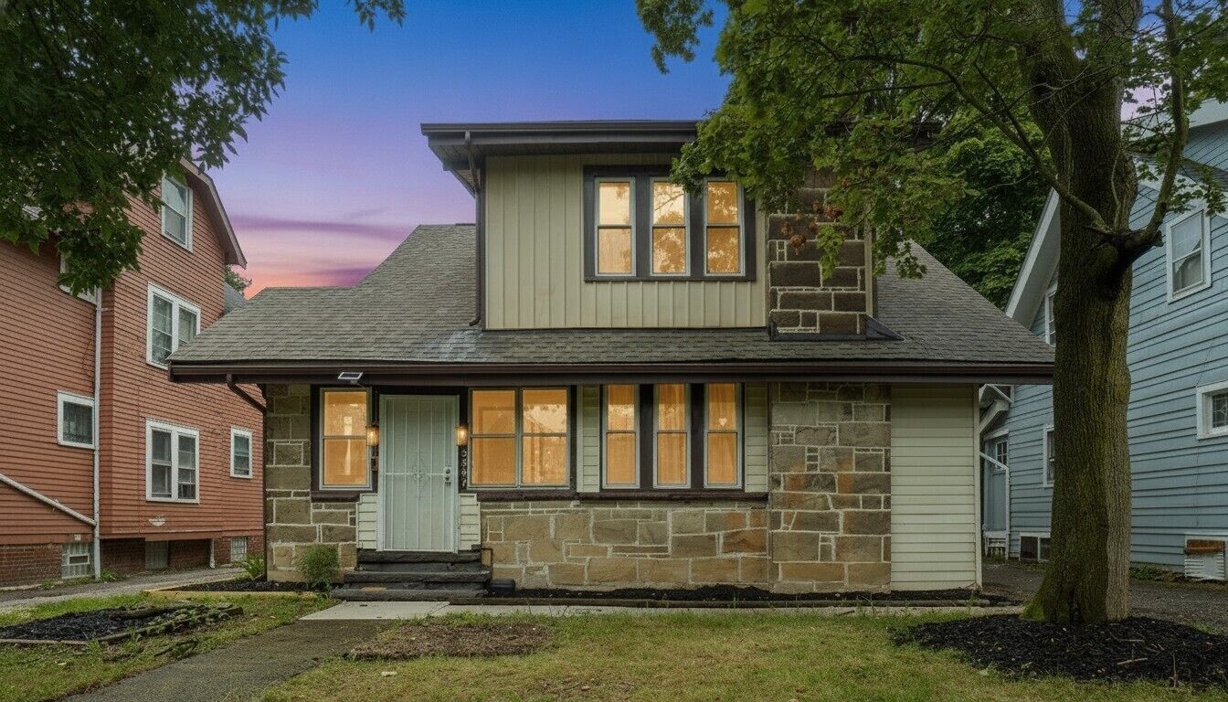 Une maison à deux étages avec une façade en pierre, un porche à l’avant et un petit jardin devant.