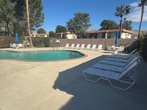 Ein Poolbereich mit Liegestühlen und Sonnenschirmen, umgeben von Bäumen und Gebäuden.
