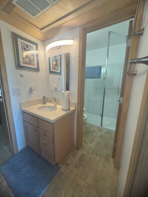 A bathroom with a sink, mirror, toilet, and shower area. - Palm Desert Retreat with Pool-Furnished 30+ Day Stay (Desert Hot Springs)