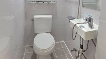 Un bagno con il water, un lavandino e una doccia.