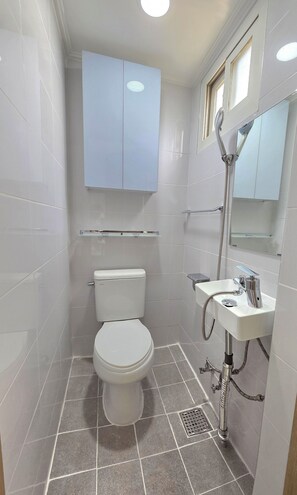 Ein Badezimmer mit Toilette, Waschbecken und Dusche.