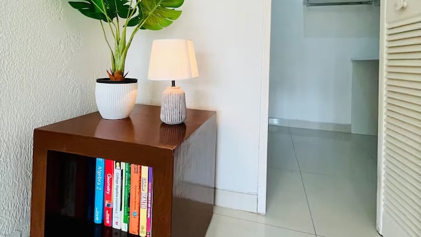 A corner with a wooden side table, a potted plant, a lamp, and a bookshelf with books. - Dúplex Premium - Piscinas, Jacuzzi & Sauna (Santa Cruz de la Sierra)