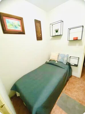 A small, single-bed room with a green bedspread, a framed picture on the wall, and a small potted plant. - Spa Retreat - Sauna + Resort Style Amenities (Santa Cruz de la Sierra)