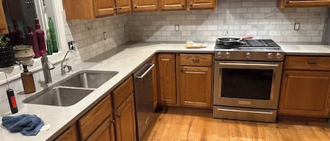Una cocina con armarios de madera, un lavamanos de acero inoxidable y un horno empotrado.