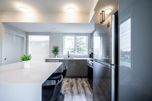 Coffee/tea maker, fridge, microwave, oven - Lux 2BR Penthouse Suite With Rooftop/Terrace, Parking and Sleeps 6 Guests! (Niagara Falls)