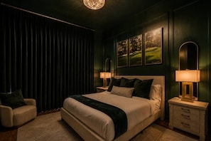 A hotel room with a large bed, two bedside tables, a chair, and a large window with curtains. - TPC Golf Condo/Patio/Golf Course View/Sleeps 8/Community Pool/Hot Tub (Scottsdale)