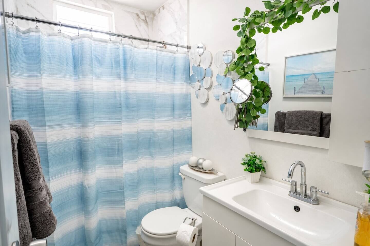 Hair dryer, towels, soap, shampoo