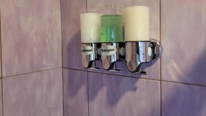 A bathroom with a wall-mounted soap dispenser shelf holding three bottles labeled 'Shampoo,' 'Shampoo,' and 'Shampoo.' - BEAUTIFUL 1 BEDROOM WITH BACKYARD (FOREST HILLS)