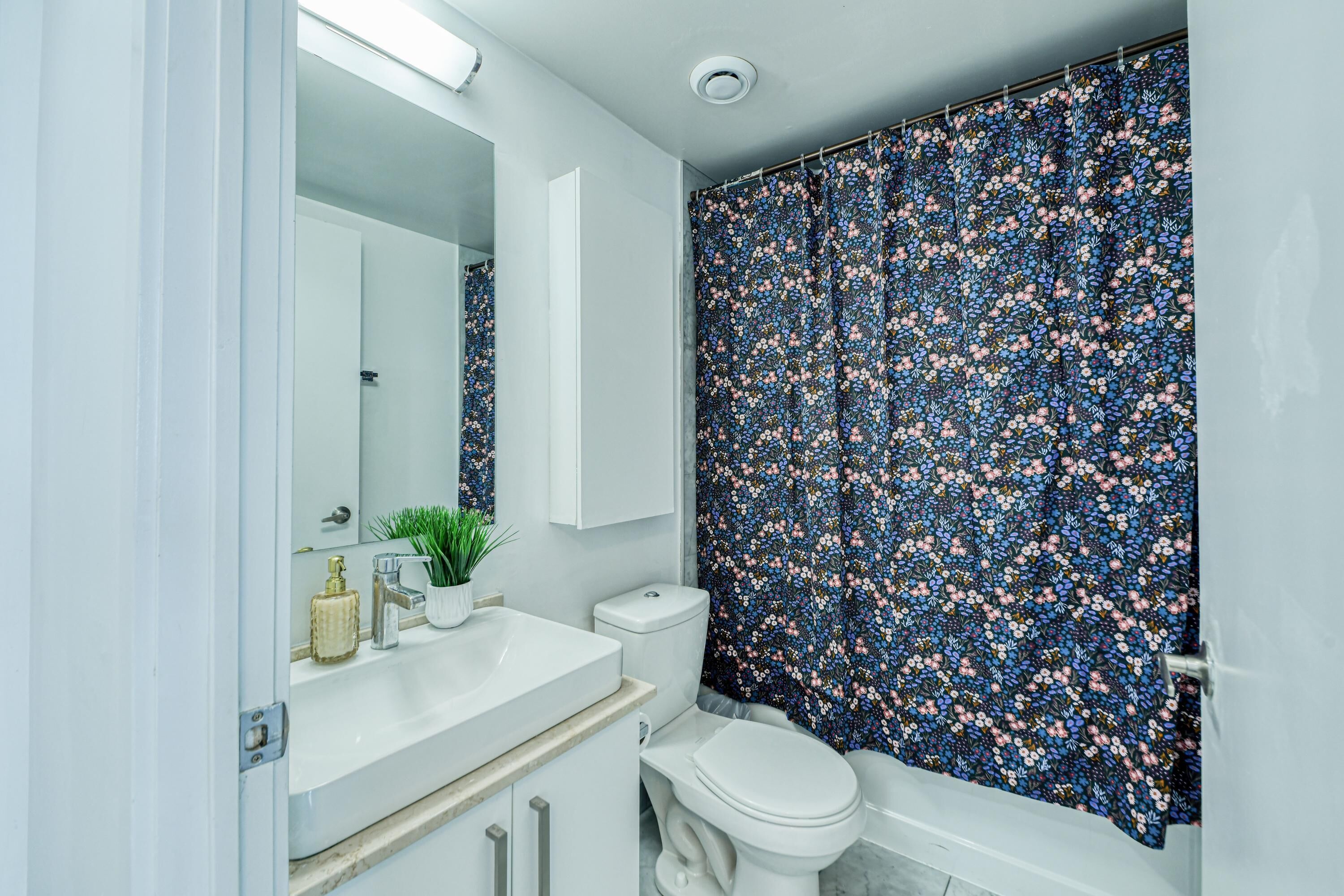 A bathroom with a white sink, a toilet, and a shower curtain with a floral pattern.