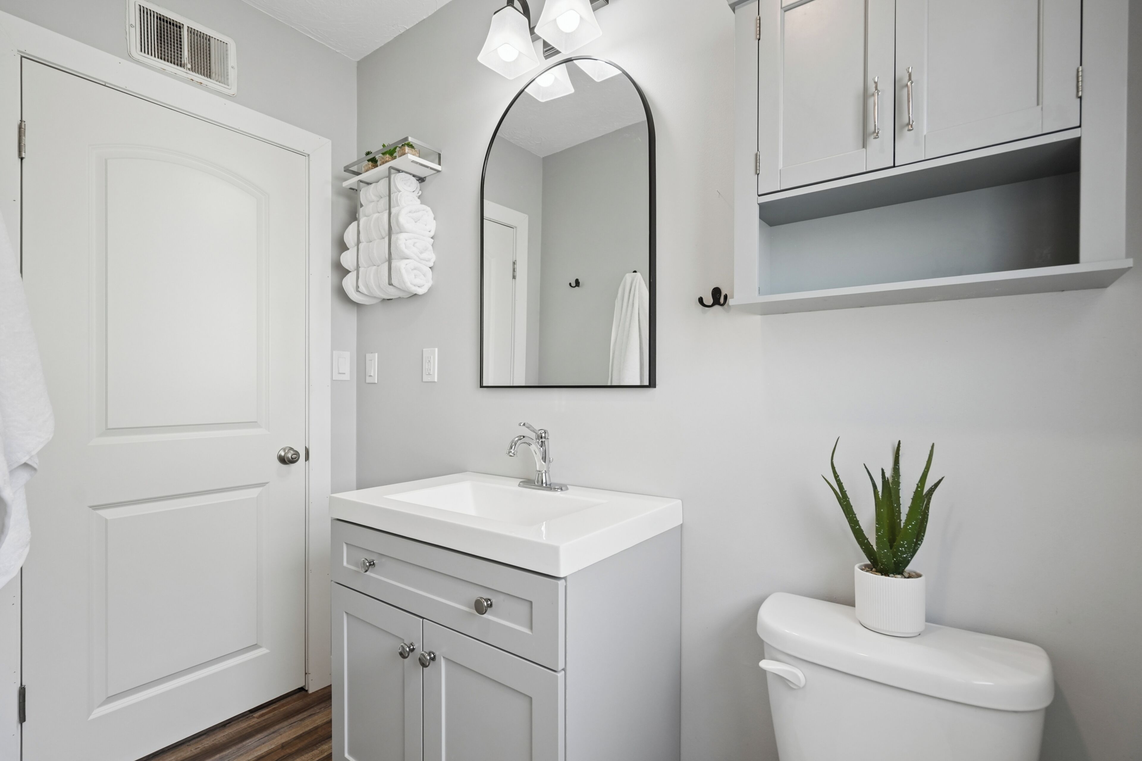 A bathroom with a white sink, a mirror, a toilet, and a potted plant.