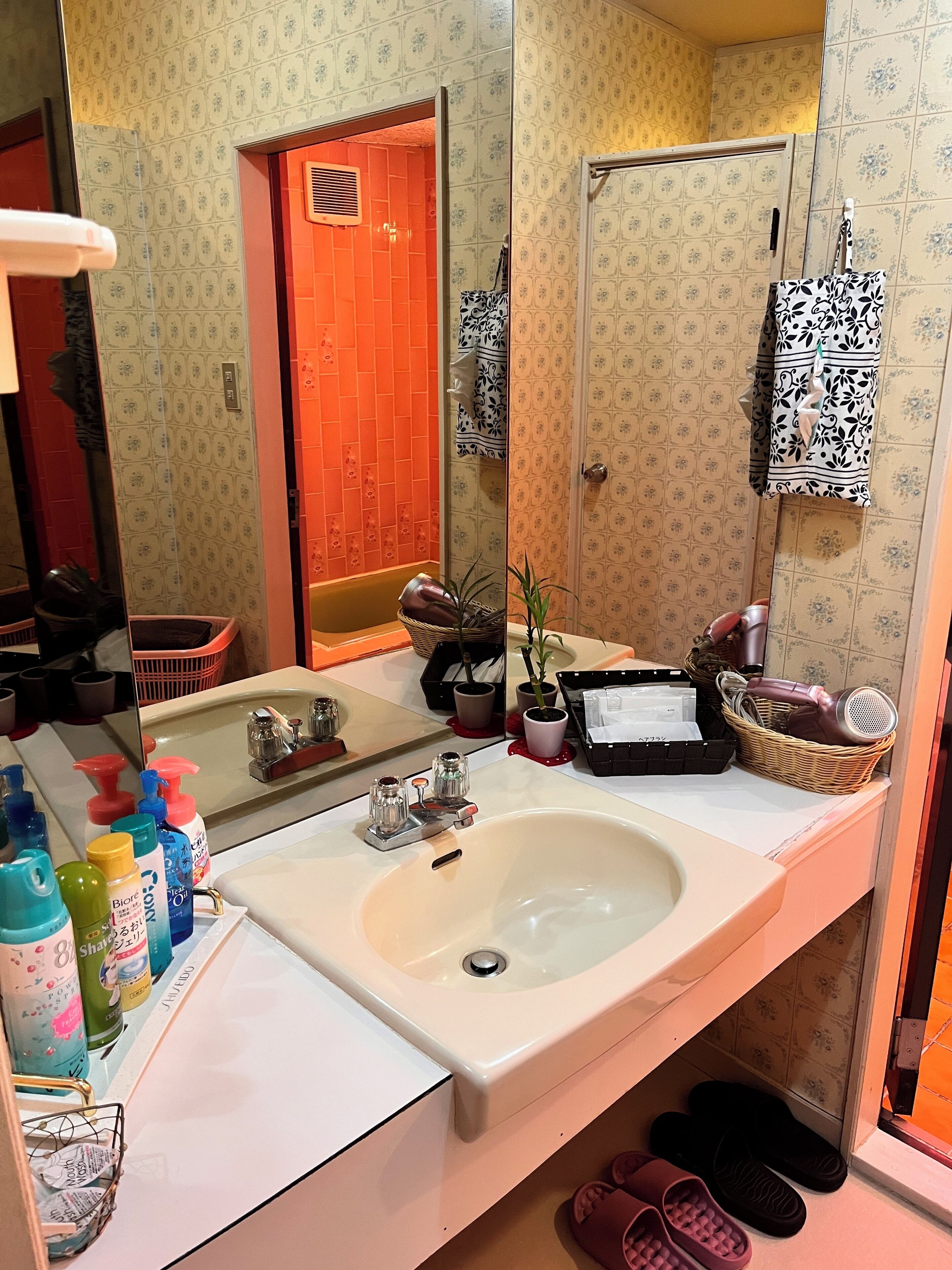 A bathroom with two sinks, a mirror, and various toiletries. There is a door with a floral pattern, a potted plant, and slippers on the floor.