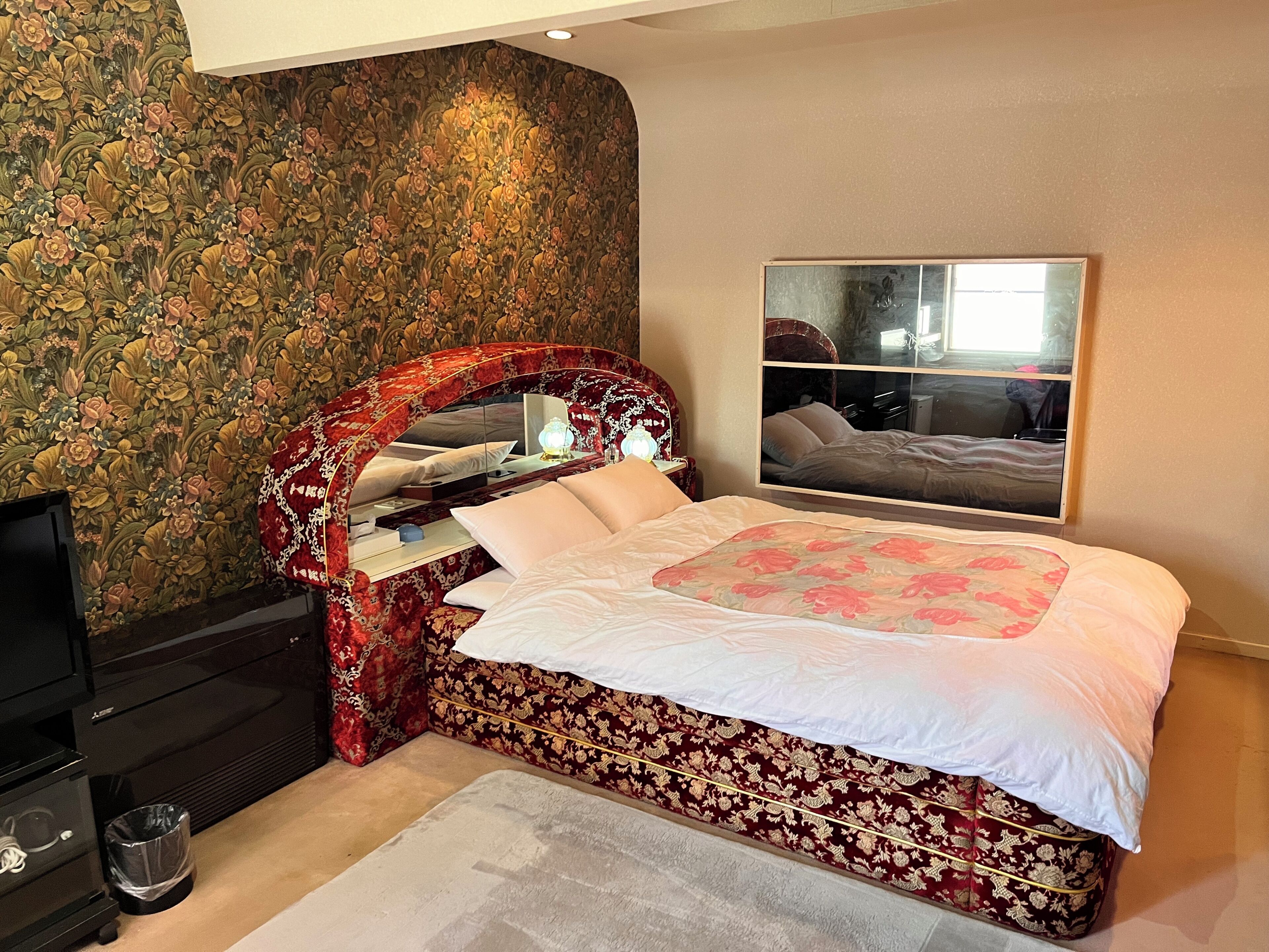 Un dormitorio con cama, espejo, cómoda y televisor.