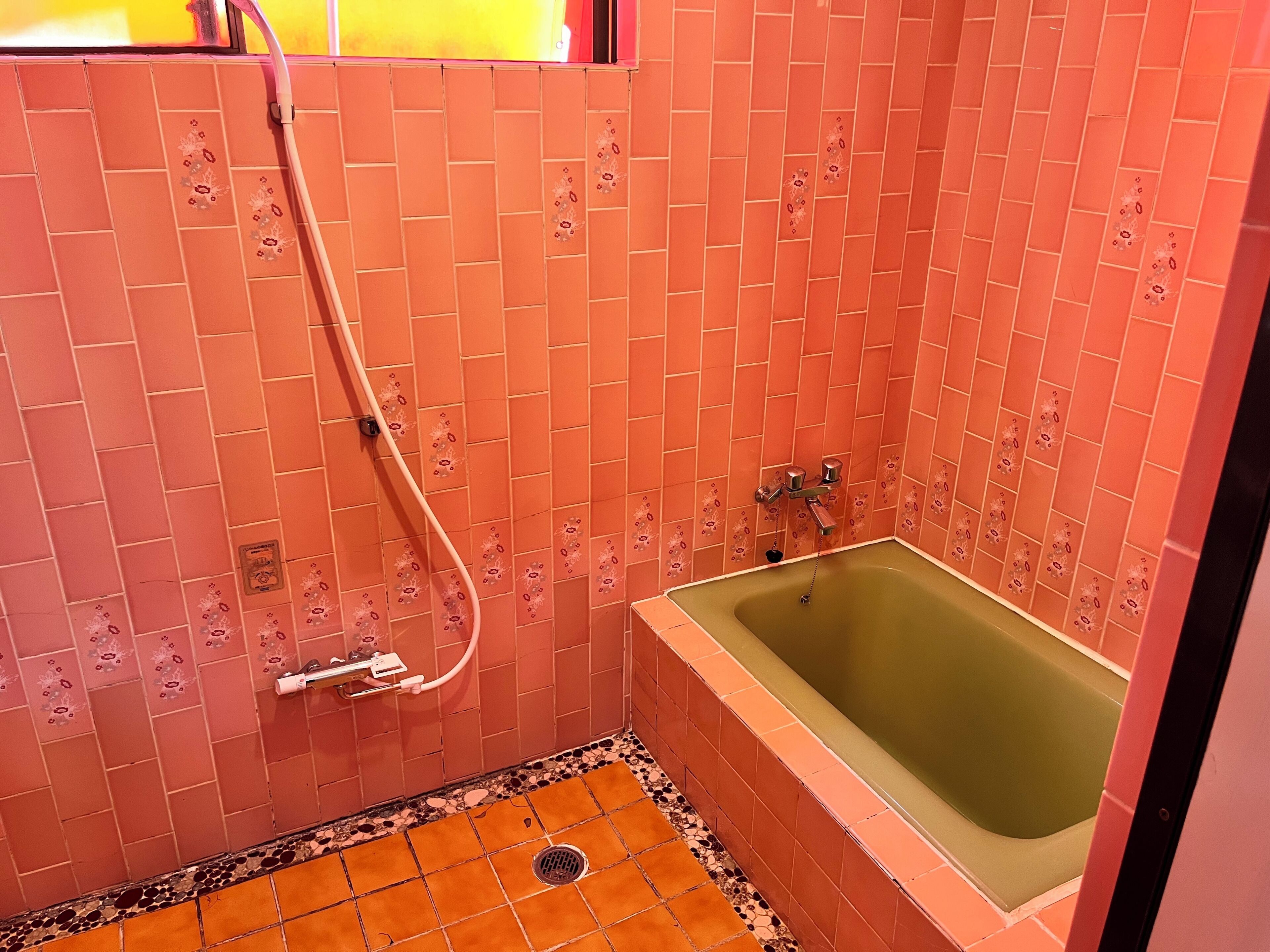 A bathroom with a shower, a bathtub, and a tiled floor.