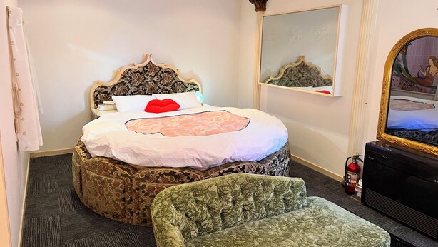 A hotel room with a bed, a green armchair, a television, and a mirror. - Hotel Robin (Yachimata)