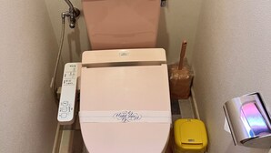 A toilet with a control panel, a toilet paper holder, and a bidet attachment. - Hotel Robin (Yachimata)