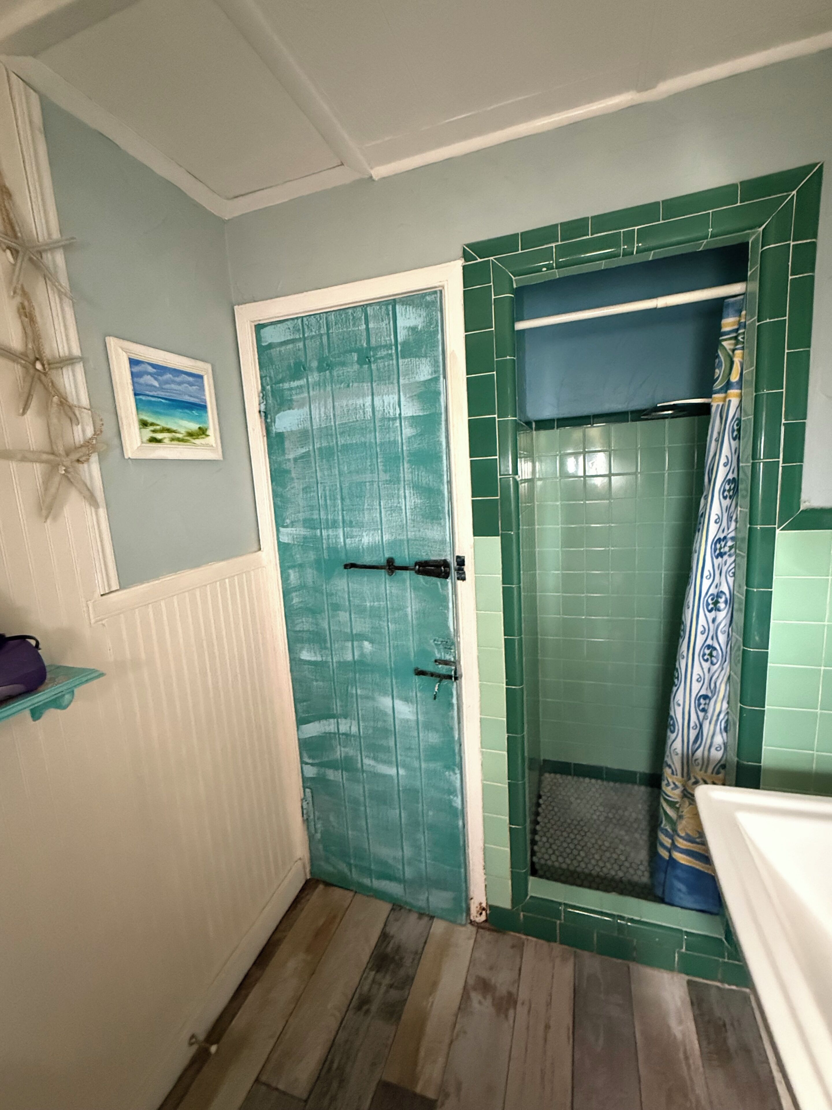 A bathroom with a blue door, a shower area, and a small shelf with a purple item.