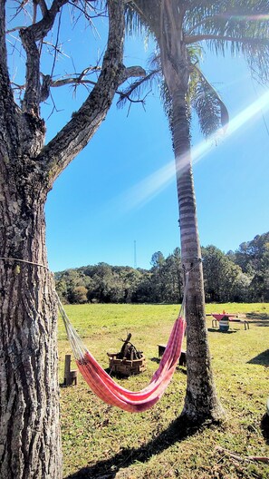 A hammock between two trees in a grassy field with a picnic table and a fire pit in the background.