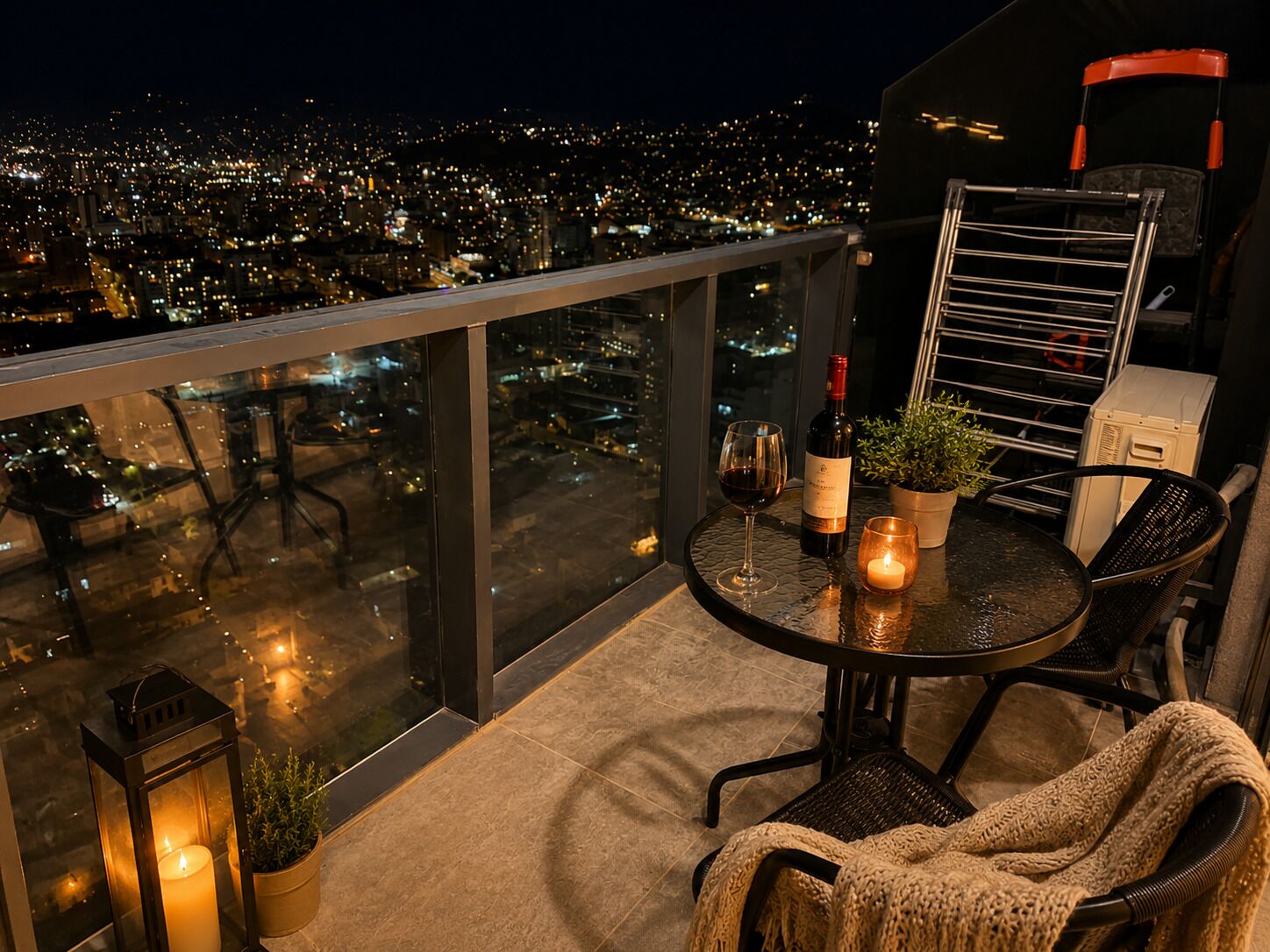 Un balcon avec une table, des chaises, une bouteille de vin, une bougie et une plante en pot.