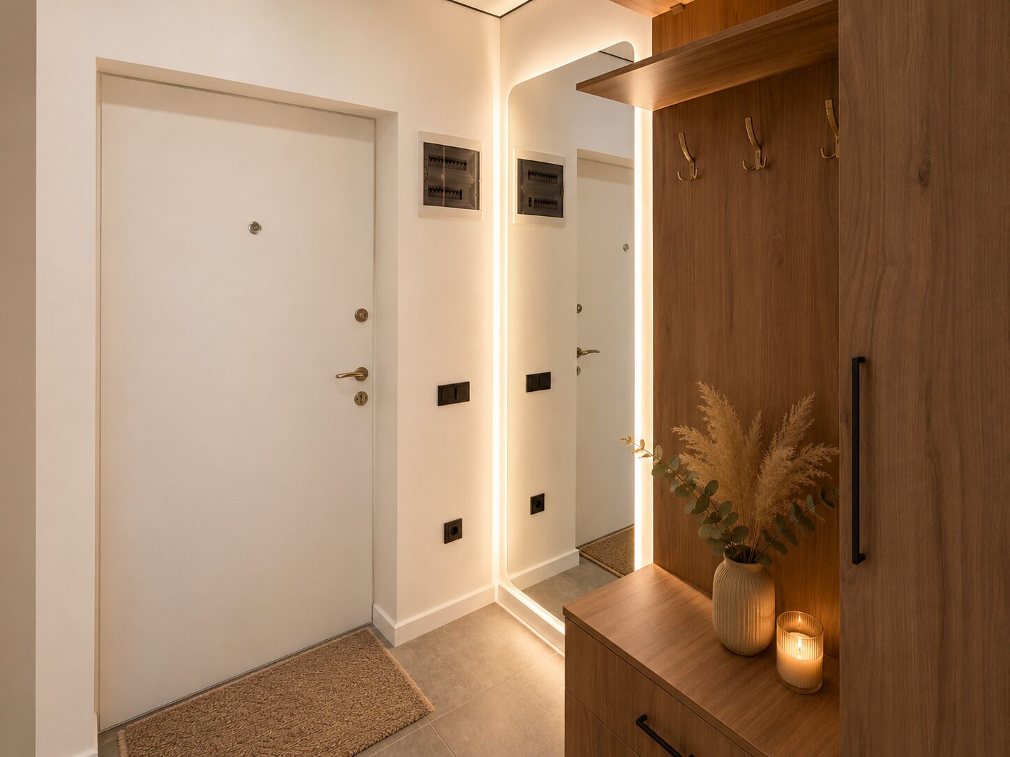 Ein Flur mit einer weißen Tür, einem Holzschrank mit einer Vase und Kerzen sowie einem Spiegel, der Tür und Schrank reflektiert.