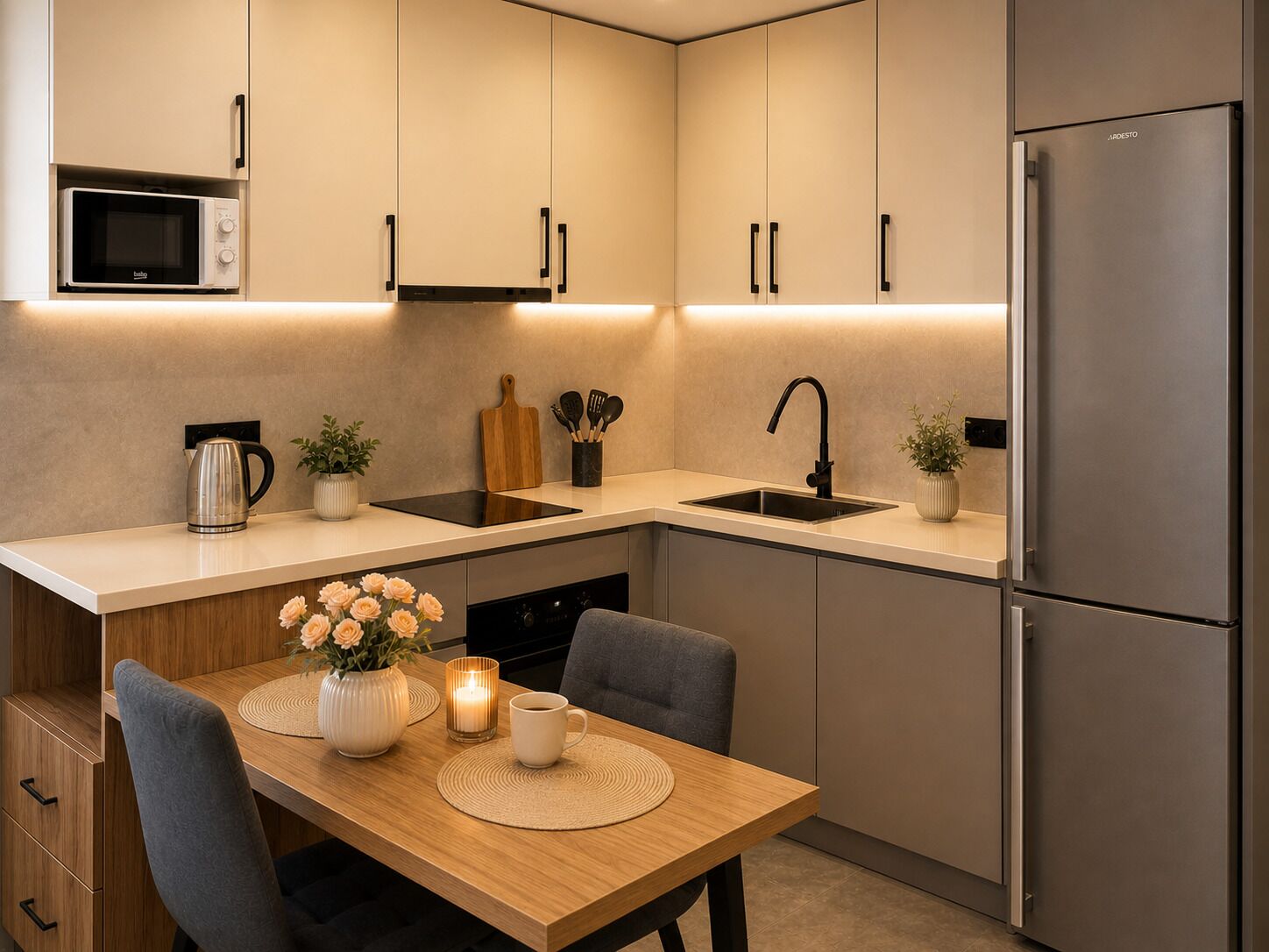 A modern kitchen with a built-in microwave, stainless steel refrigerator, and a dining area with a table set for two.