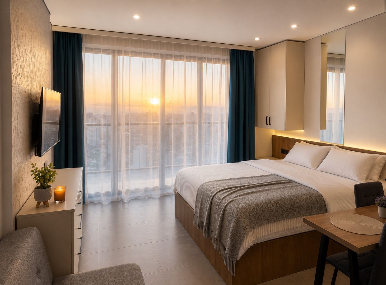 A hotel room with a large bed, a desk, a chair, a TV, and a window with curtains.
