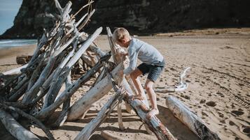 A person climbing a pile of driftwood on a sandy beach with a rocky cliff in the background.