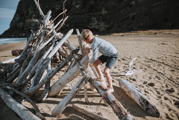 A person climbing a pile of driftwood on a sandy beach with a rocky cliff in the background.