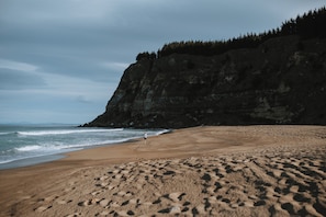 A beach with a rocky cliff and ocean waves.