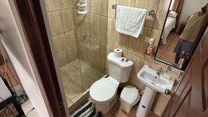 Ein Badezimmer mit Toilette, Waschbecken und Dusche.