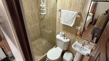 A bathroom with a toilet, sink, and shower.