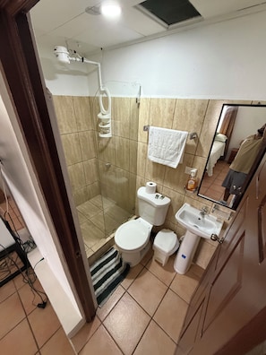 A bathroom with a toilet, sink, and shower. - Cozy 1-bedroom apartment in brilliant Quepos with AC (Quepos)