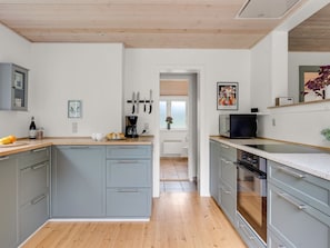 A modern kitchen with grey cabinetry, a wooden countertop, and a central island. - "Elenora" - 200m from the sea by Interhome (Odder)
